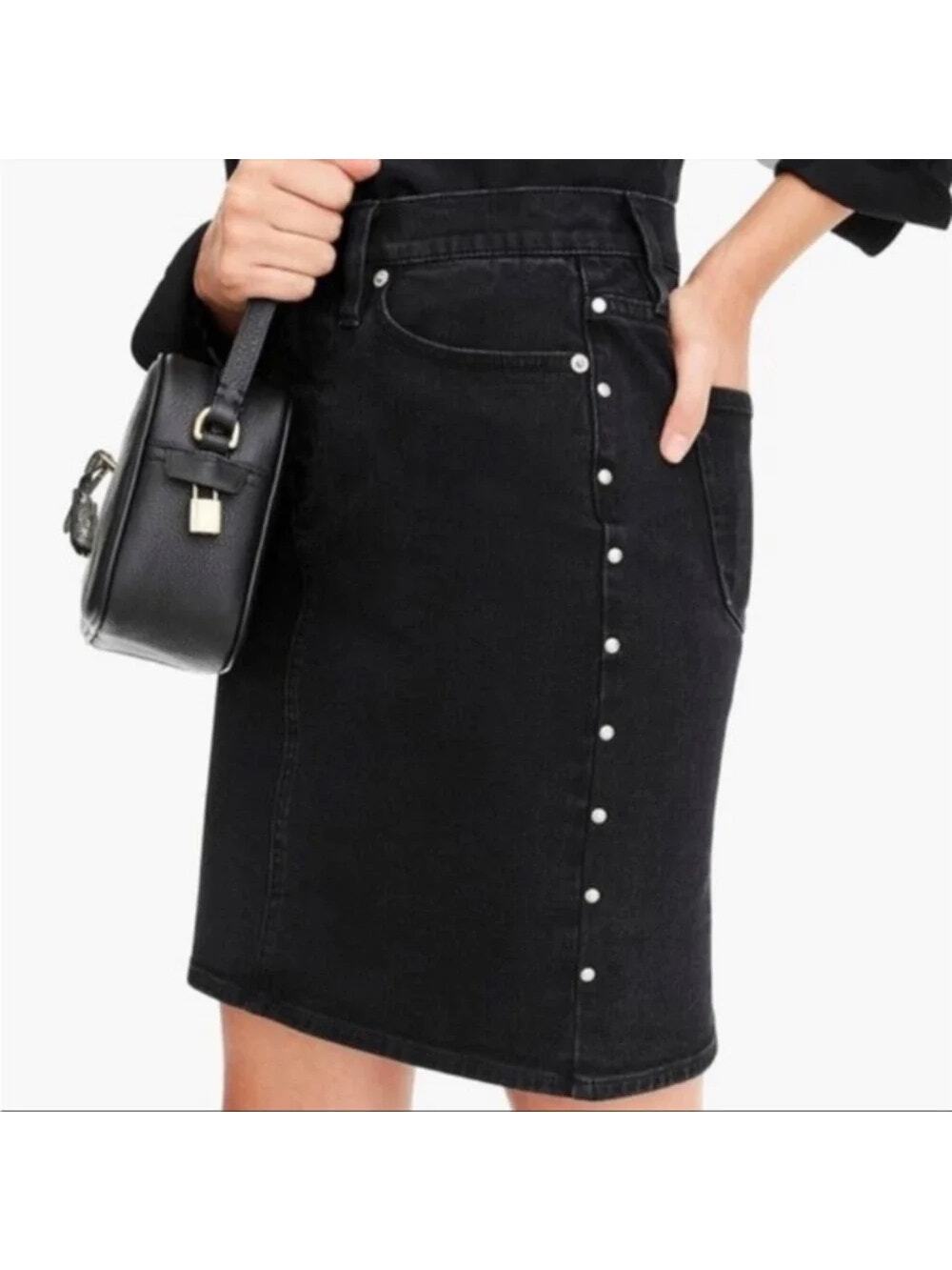 J. Crew Studded Denim Mini Skirt Casual Stretch Pockets Vintage Style 29 Black